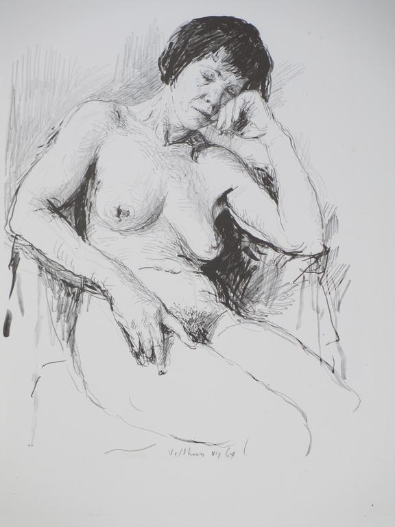 Aat Veldhoen, Slapend naakt op stoel, Rotaprint verkocht voor € 55!