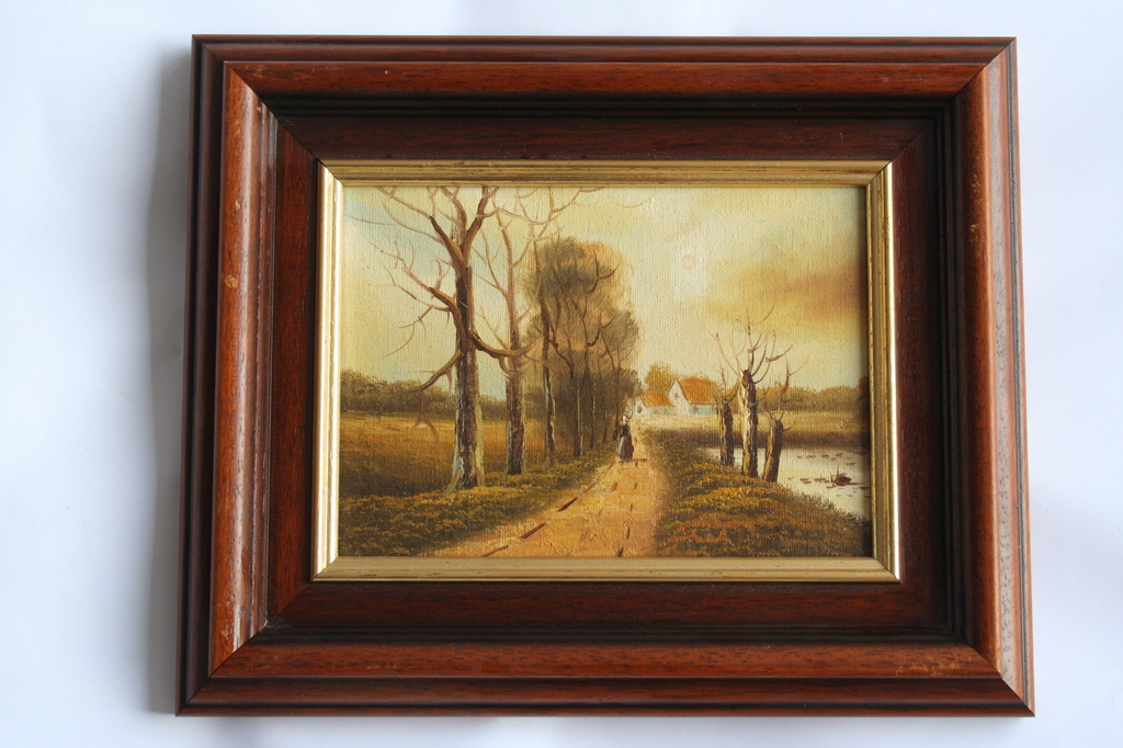 Onbekende kunstenaar - olieverf op doek - wandeling bij volle maan verkocht voor € 35!