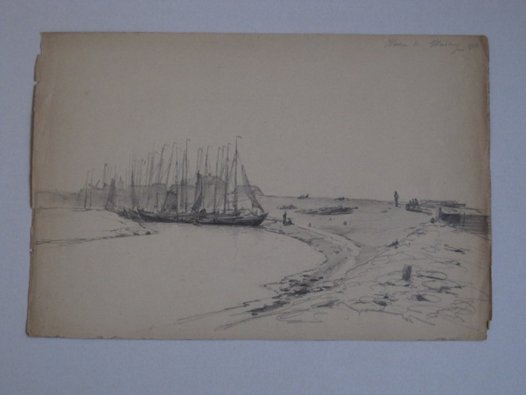 Fraaie potloodtekening G.L.Kiers (1838-1916)"vissersboten in haven Huizen 1883"  kopen? Bied vanaf 1!