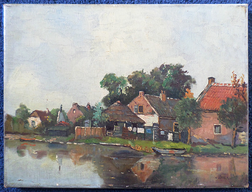Van Oort - Nederzetting langs rivier, olieverf op doek kopen? Bied vanaf 75!