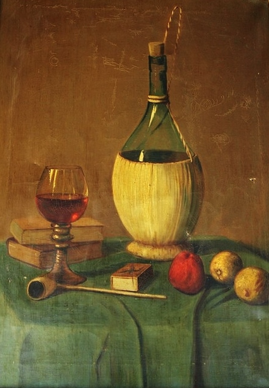 Onbekend, gesigneerd : Olieverf op doek , Stilleven met wijn, pijp, fruit e.a. kopen? Bied vanaf 1!