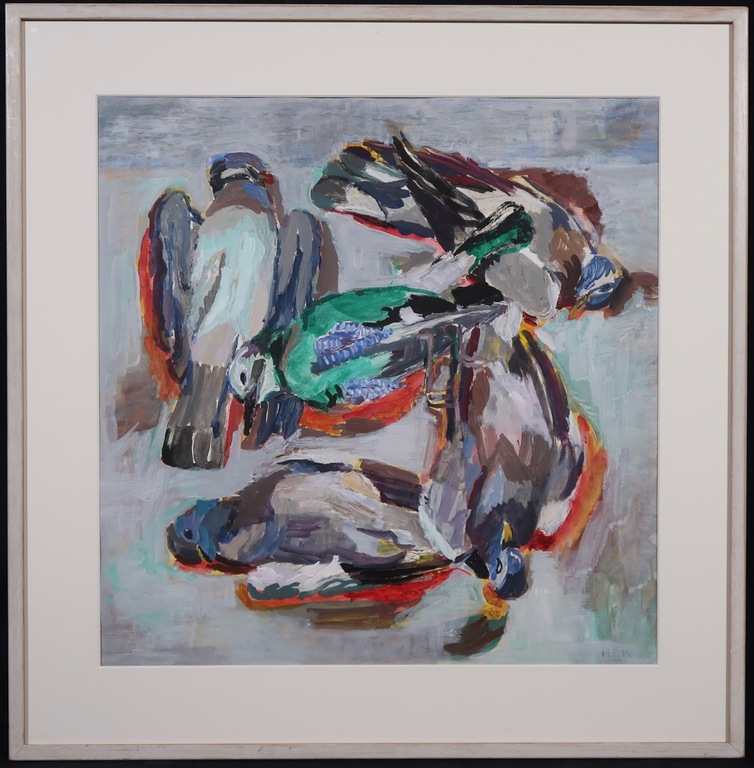 Hans Ebeling Koning: Gouache, Duiven - Ingelijst verkocht voor € 95!