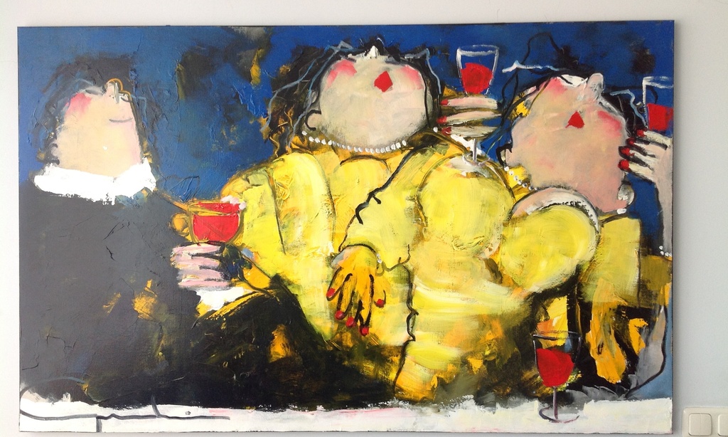 Gerdien Duijsens-Kroeze , acryl, Als de wijn is in de man.  verkocht voor € 1250!