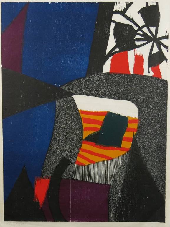 Guillaume Le Roy: Houtsnede op Japans papier. kleurrijke compositie verkocht voor € 90!