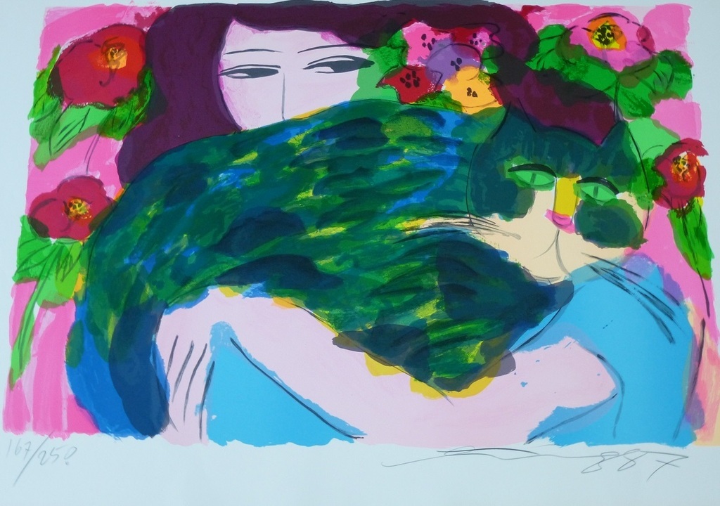 Walasse Ting, grote litho: The girl with the green cat, handgesigneerd en genummerd, 1987 verkocht voor € 550!