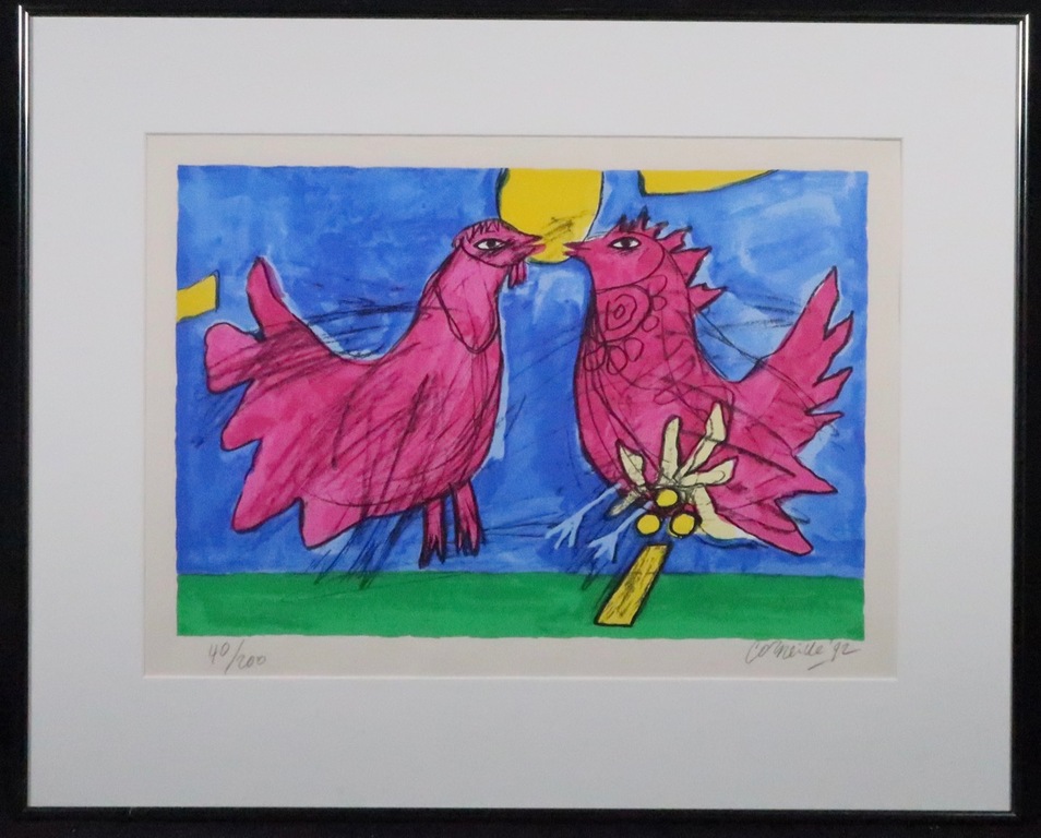 Corneille: Litho, Deux oiseaux dans une journée d'été - Ingelijst verkocht voor € 135!