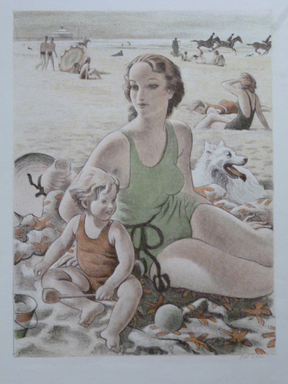 Pol Dom - kleurenlitho - Strandscène bij Scheveningen verkocht voor € 40!