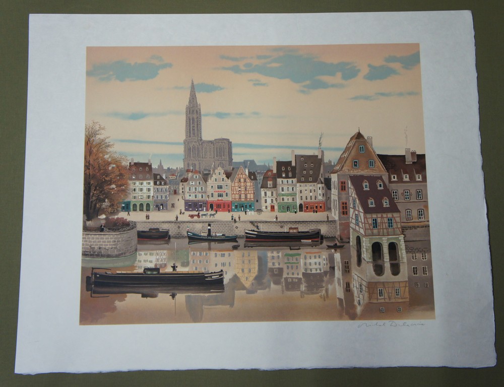 Lithografie - Michel Delacroix (1933), Stadsgezicht aan het water kopen? Bied vanaf 25!