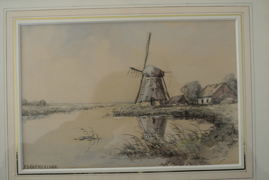 Hendrik Frauenfelder. Molen en water bij Warmond. Gem. Techniek. Mooi ingelijst. kopen? Bied vanaf 125!