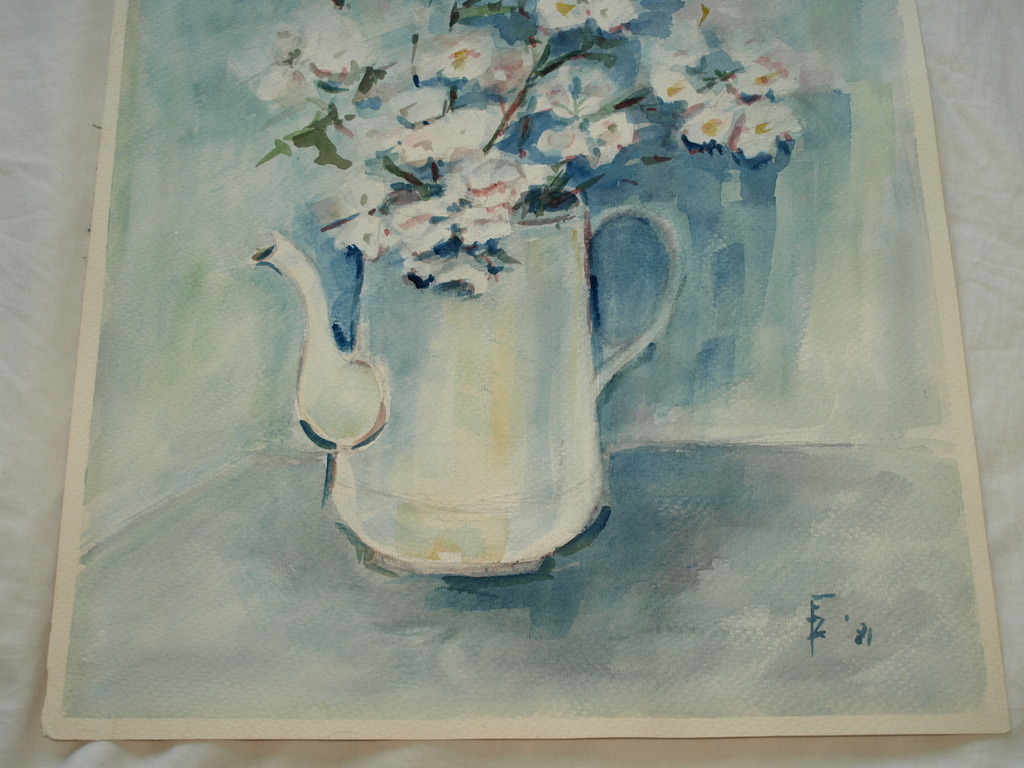 Onduidelijke signatuur / monogram : Aquarel – Vaas bloemen  – 1971 kopen? Bied vanaf 1!