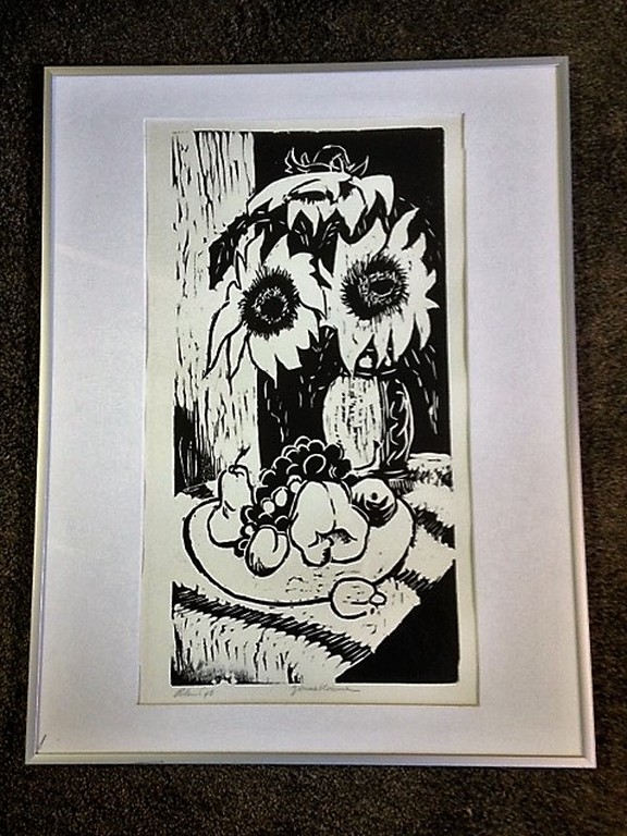 G. Roland, houtsnede, Zonnebloemen kopen? Bied vanaf 10!