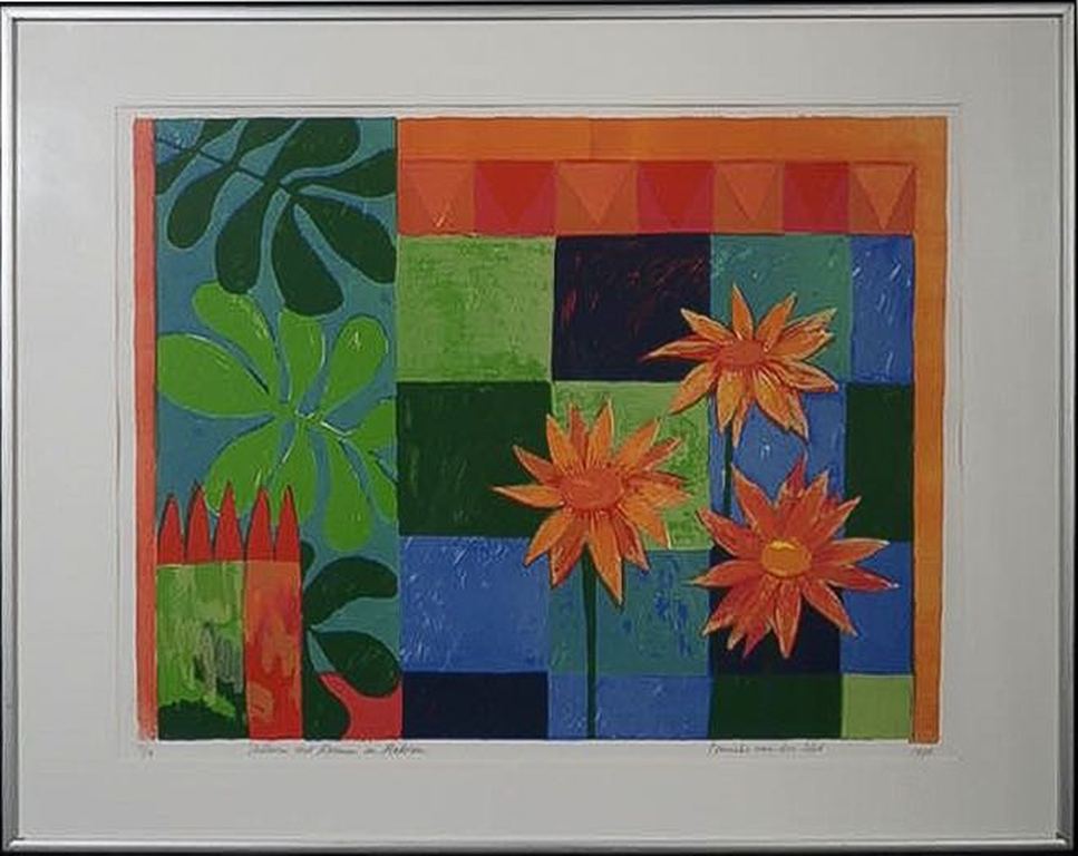 Fenneke van der Elst: Litho, Stilleven bloemen en bladeren - Ingelijst kopen? Bied vanaf 1!