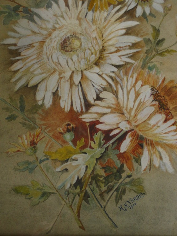 Fraai antiek (1900) bloemstilleven aquarel "Margrieten" gesigneerd en gedateer   kopen? Bied vanaf 1!
