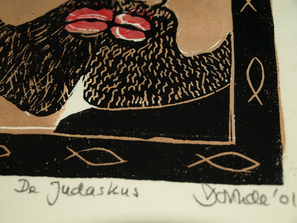 Dorinde (?): Hout- of linosnede – De Judaskus – Gesigneerd & ingelijst – 2001 kopen? Bied vanaf 1!