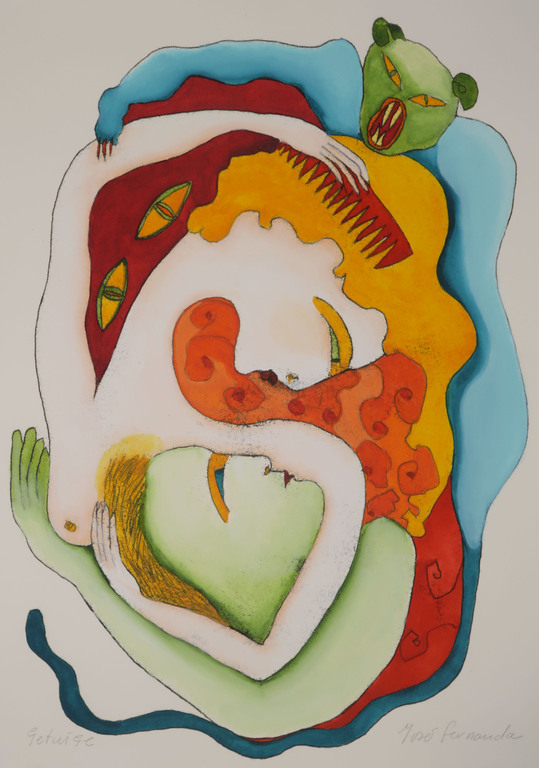 Jose Fernanda: Gemengde techniek op papier, Getuige kopen? Bied vanaf 1!