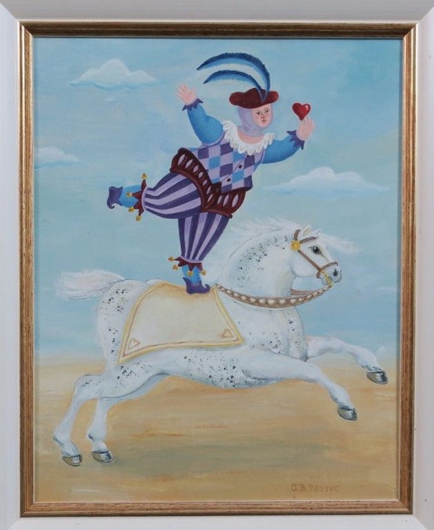 Carole B. Perret: Olieverf op board, Harlekijn met circuspaard - Ingelijst kopen? Bied vanaf 150!