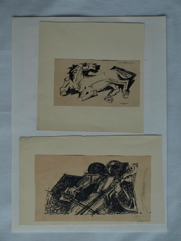 Onbekend : 2 Tekeningen , Paard + Cellist – ca 1950 kopen? Bied vanaf 1!