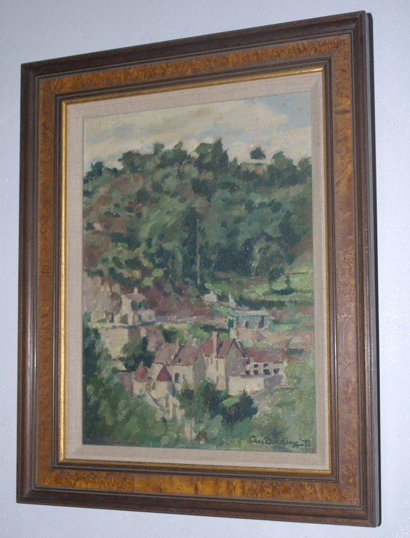 Dorp in de heuvels - olieverf op schildersboard 1972, in een Heijdenrijk lijst. verkocht voor € 89!