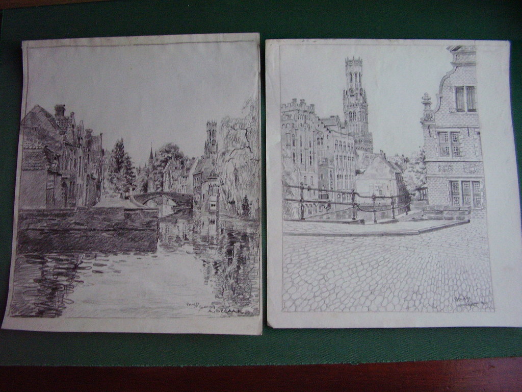 Abraham Segaar: 2 zwart krijttekeningen, stadsgezichten Brugge, 1914, gesigneerd verkocht voor € 50!