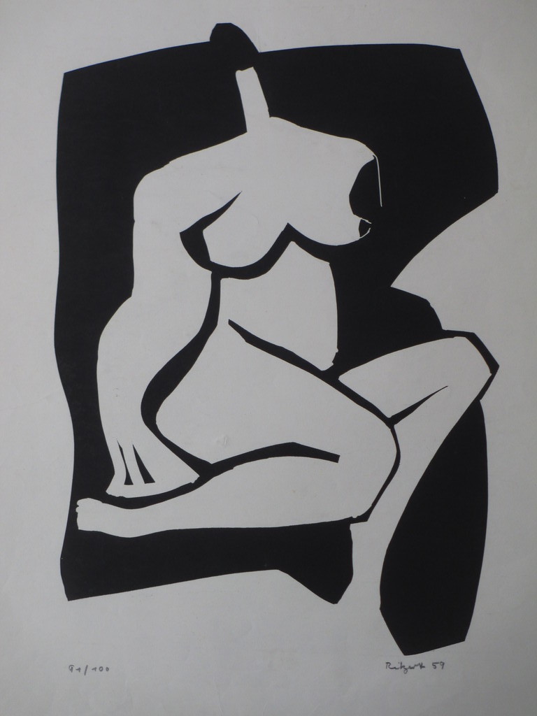 Onbekende kunstenaar, Zittend naakt, Linosnede verkocht voor € 35!