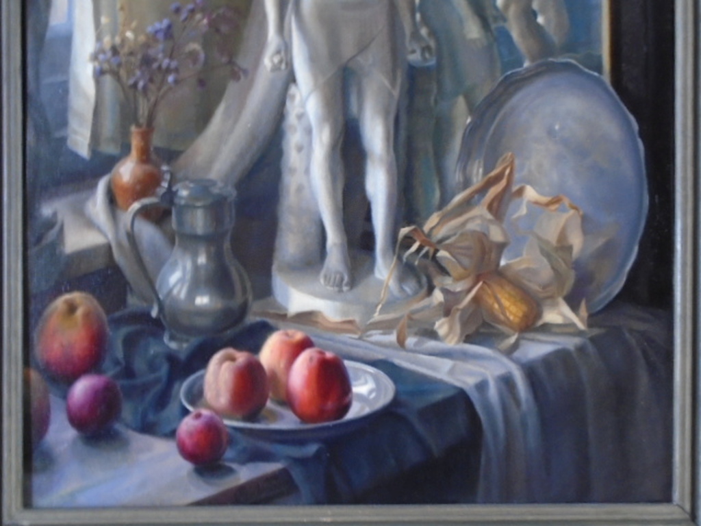 Roelf Gerbrands - olieverf - Stilleven met beelden en fruit kopen? Bied vanaf 565!