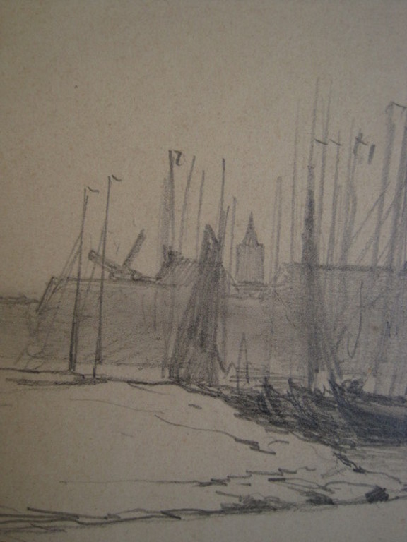 Fraaie potloodtekening G.L.Kiers (1838-1916)"vissersboten in haven Huizen 1883"  kopen? Bied vanaf 1!