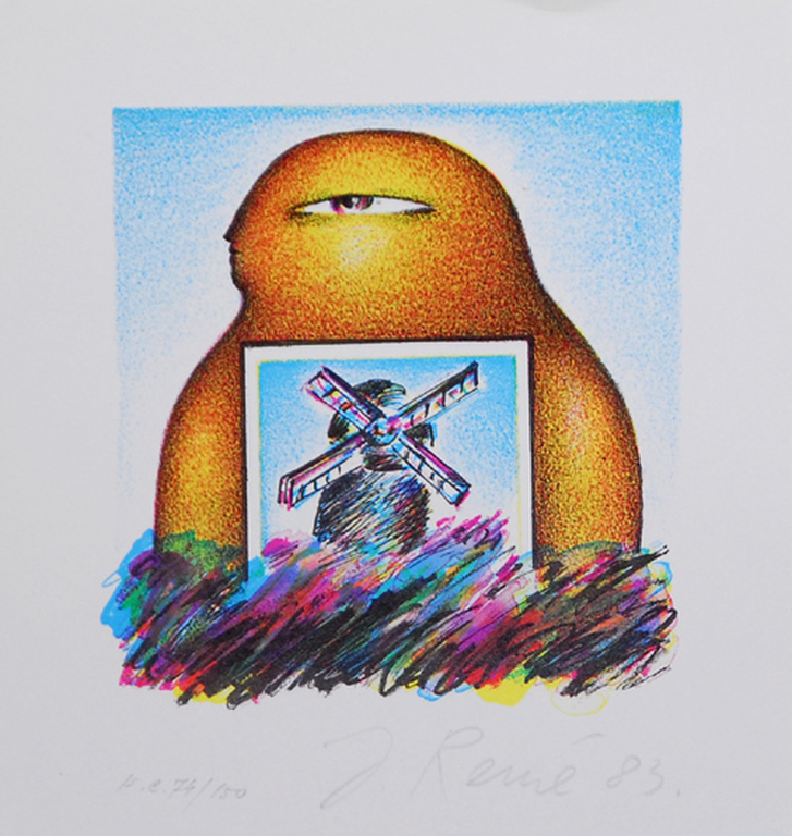 Jörg Remé: Lithografie, Figuur met molen kopen? Bied vanaf 5!