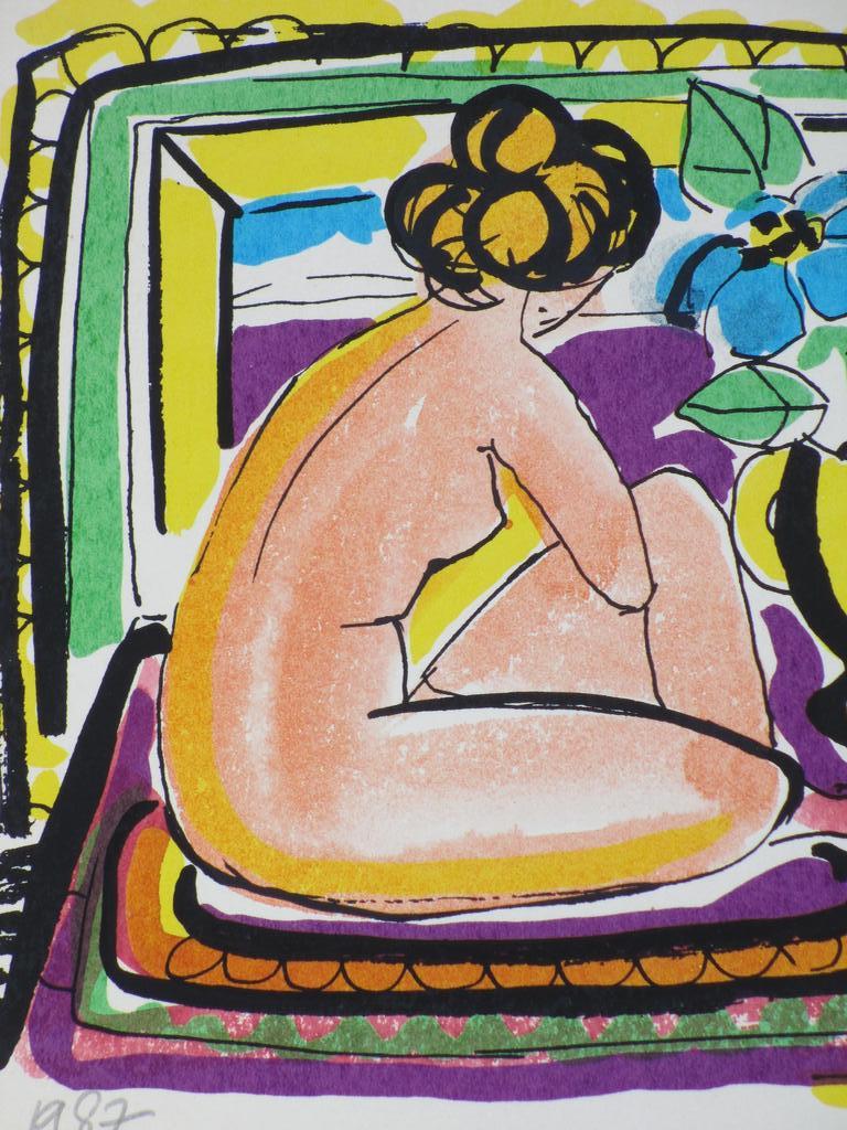 Onbekende kunstenaar, Naakt in kleurrijk interieur, Kleurlitho kopen? Bied vanaf 1!
