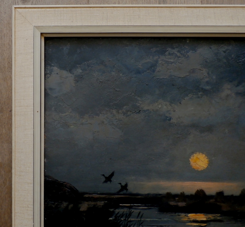 Jo Schrijnder: Olieverf op board: opvliegende eenden bij ondergaande zon kopen? Bied vanaf 550!