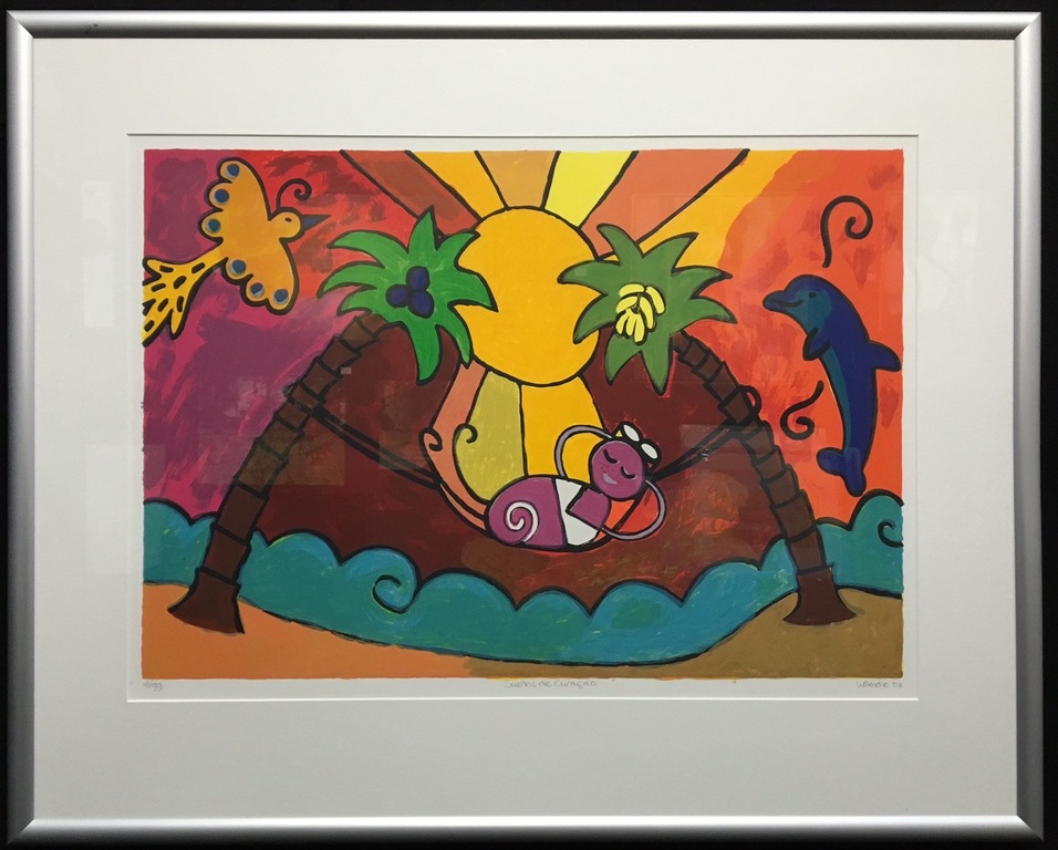 Wendie Brackmann, zeefdruk in aluminium lijst, titel " Suenos de Curacao " verkocht voor € 75!