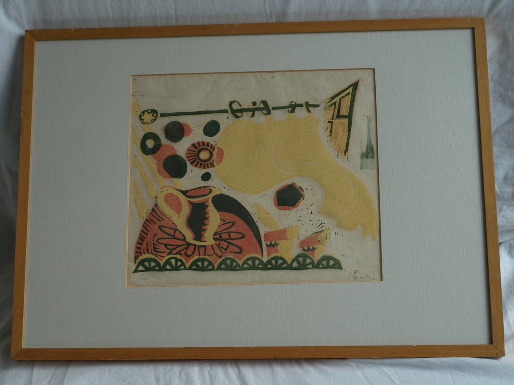 Frans de Jong : Linosnede – Wind bij Doortje – gesigneerd & ingelijst–ca 1970 verkocht voor € 50!