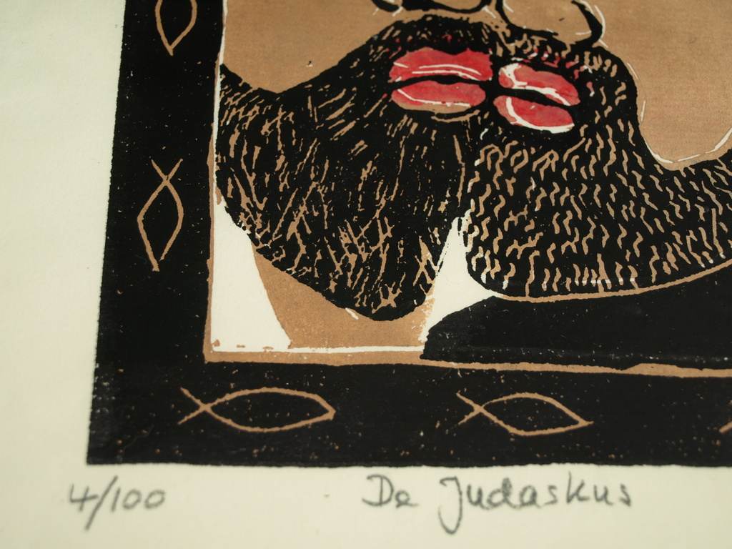 Dorinde (?): Hout- of linosnede – De Judaskus – Gesigneerd & ingelijst – 2001 kopen? Bied vanaf 1!