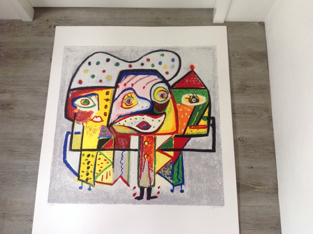 Janna : Kleurenzeefdruk, cobra stijl  100 x 80 ! verkocht voor € 85!