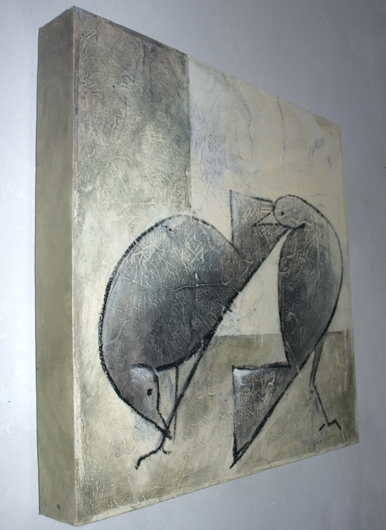 TWEE VOGELS DOOR CARLA RAADSVELD: GEMENGDE TECHNIEK OP CANVAS 60x60  verkocht voor € 125!