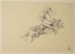Melle Oldeboerrigter - Melle: Pentekening. Drie figuren op fallus. kopen? Bied vanaf 150!