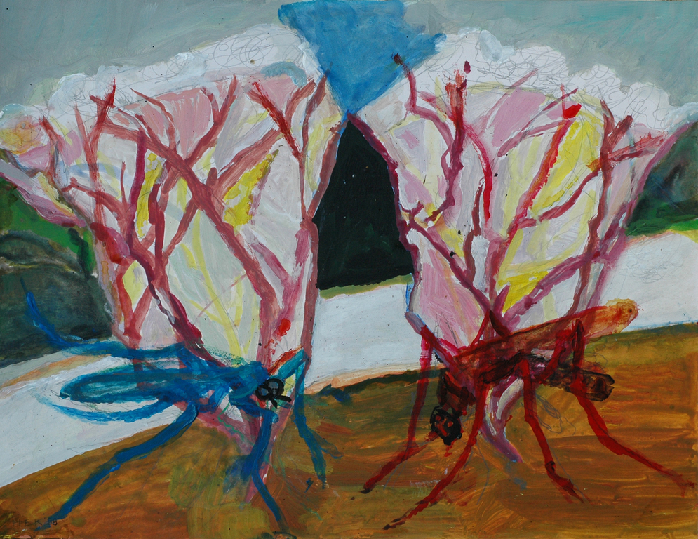 Hans Ebeling Koning, acrylverf en potlood op zuurvrij karton, Steekmuggen verkocht voor € 85!