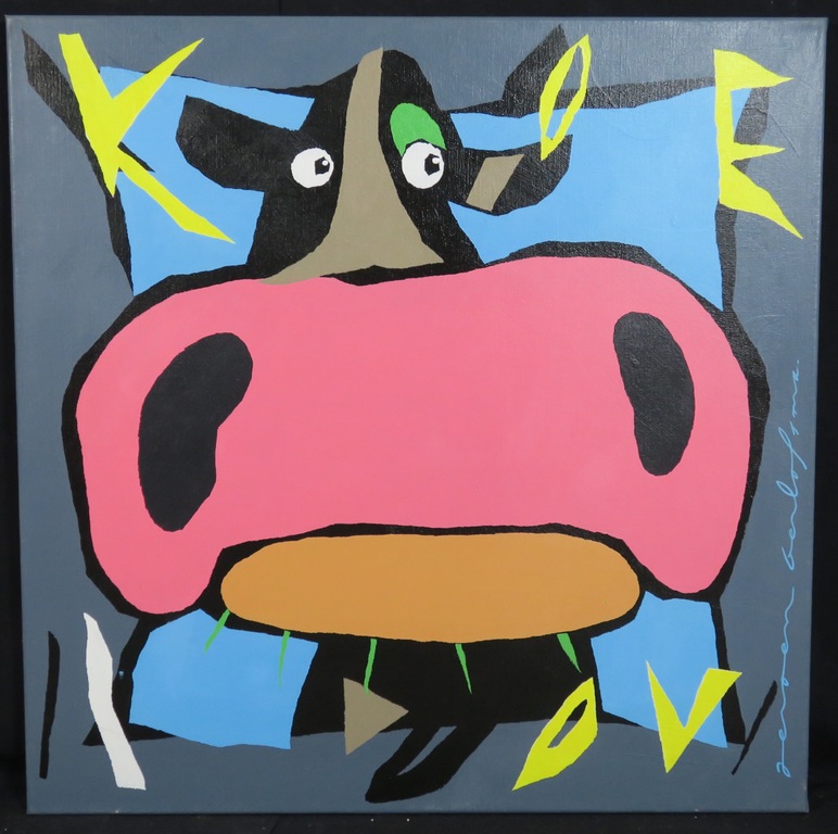 Jeroen Gerlofsma: Acryl op doek, Koe OV verkocht voor € 90!