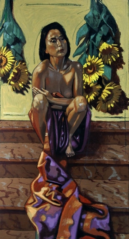 NICO VRIELINK Gr.Zeefdruk(36 drukgangen) VROUW met ZONNEBLOEMEN GROOT!!! kopen? Bied vanaf 165!