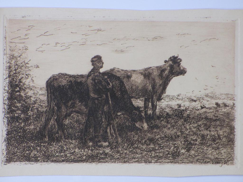 Jan Vrolijk, Boer met koeien achter de duinen, Ets kopen? Bied vanaf 25!