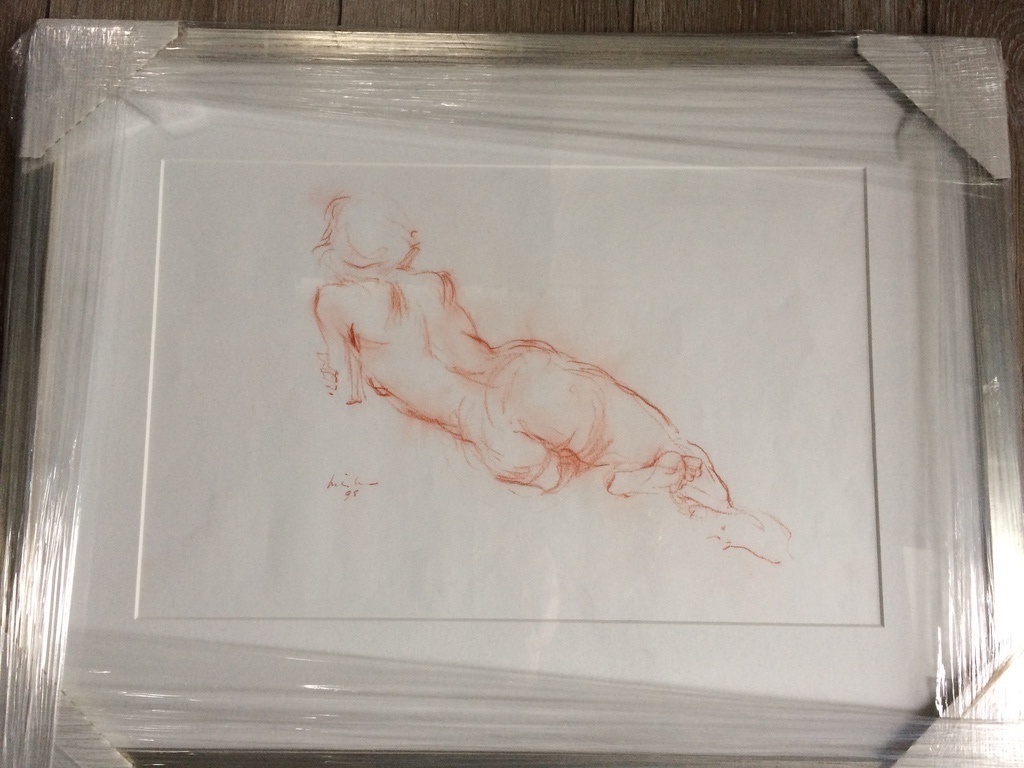 Joop Liesker, tekening met rood potlood, liggend naakt - rugzijde van de vrouw. verkocht voor € 50!