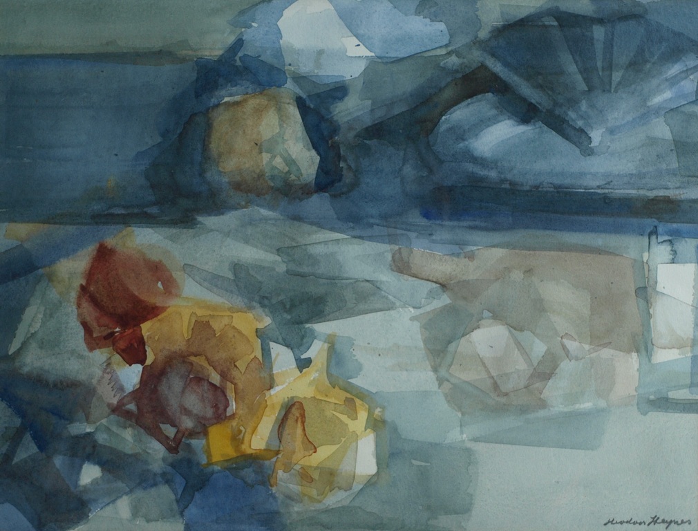 Theodoor Heynes : Aquarel , Stilleven met bord, servet, wijnfles en fruit - 1965 verkocht voor € 125!