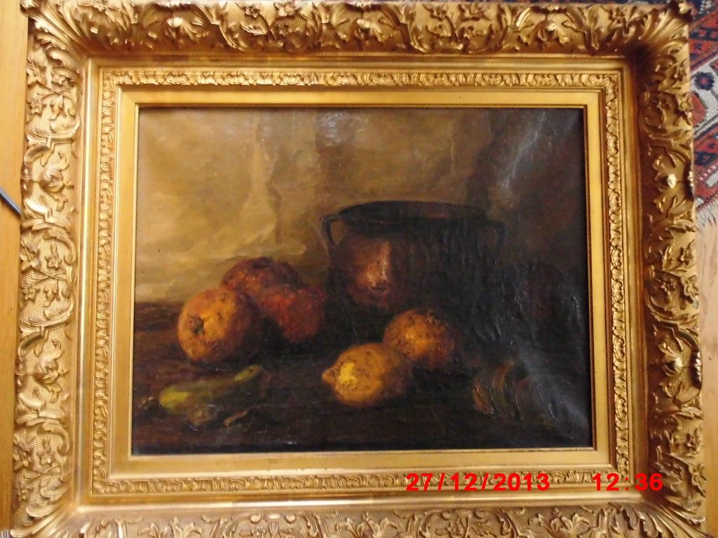 Houten, A van: Schilderij, stilleven van kopere pot met fruit kopen? Bied vanaf 400!