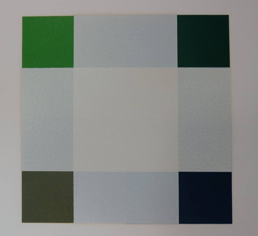Michiel Duvekot: Linosnede, Geometrische compositie met vierkanten, Nr. 6 'F' verkocht voor € 72!
