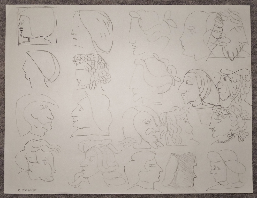 Kees Franse, Tekening, Studies van koppen, Gesigneerd verkocht voor € 45!