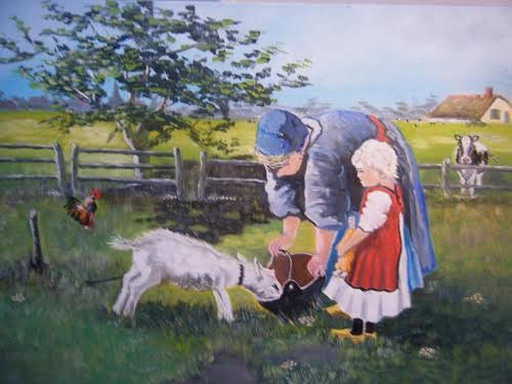 Schilder onbekend Olieverf op doek  Boerin met dochter geven geit melk kopen? Bied vanaf 60!