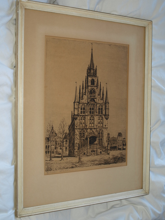 MARIUS JANSSEN (1885-1957) - Ets – Stadhuis Gouda–Gesigneerd & ingelijst–ca 1930 kopen? Bied vanaf 35!