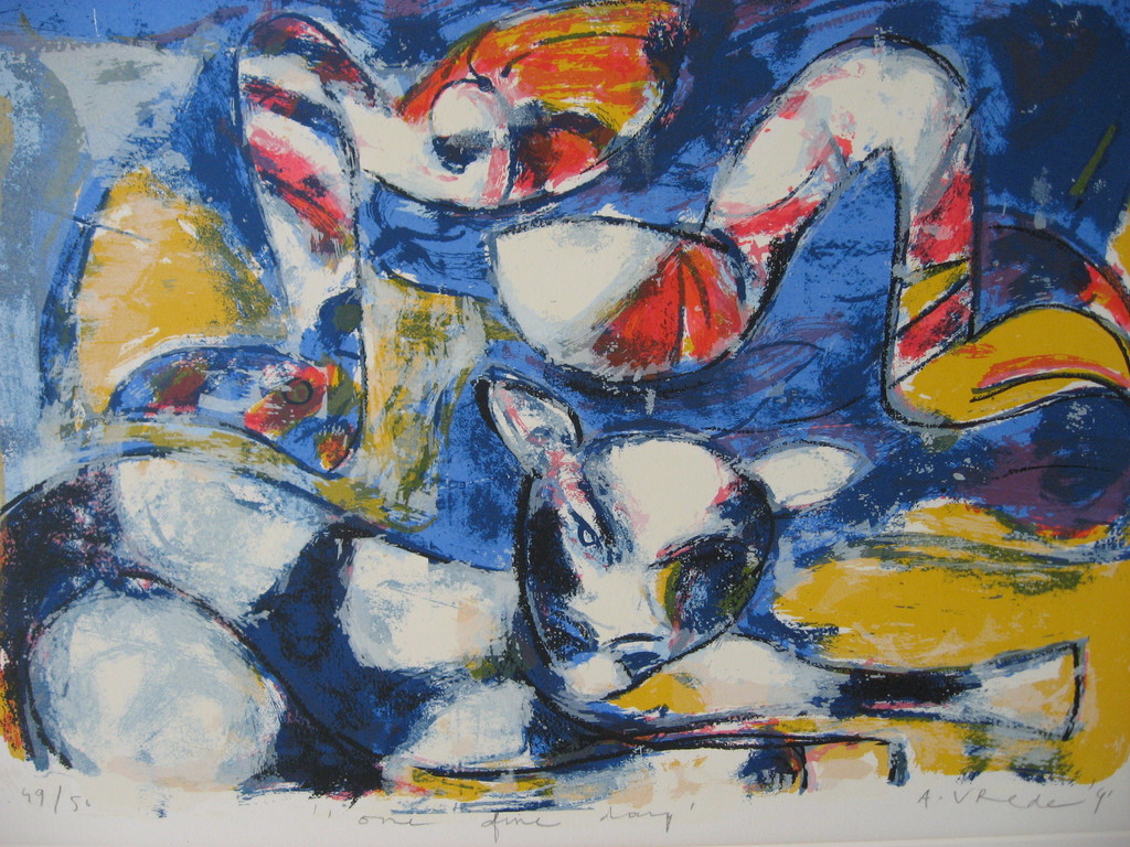 Anton Vrede: zeefdruk, 'One fine day', ingelijst verkocht voor € 89!