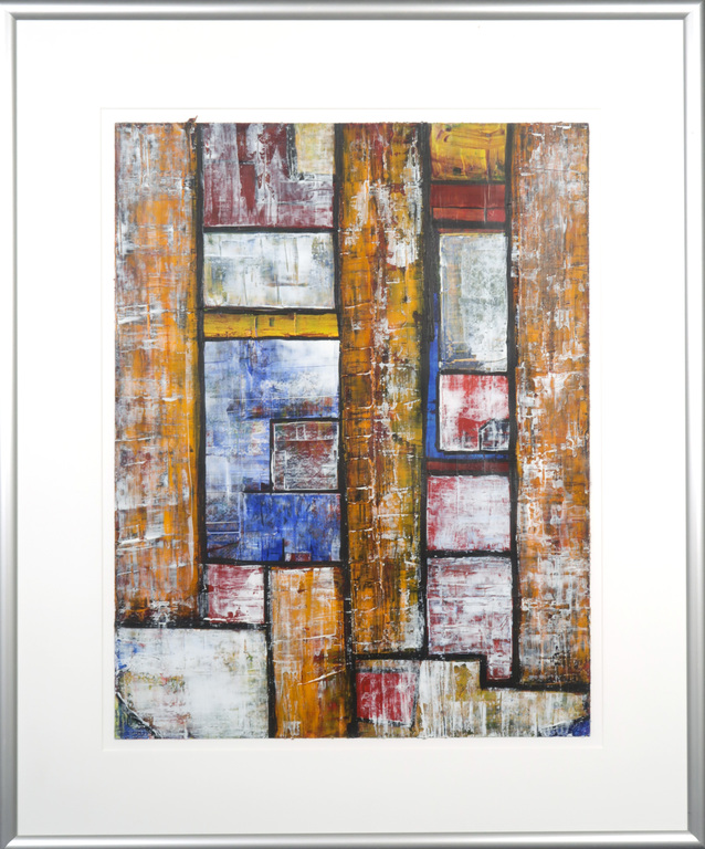 Onbekende kunstenaar: Acryl op papier, Vakjes - Ingelijst verkocht voor € 35!