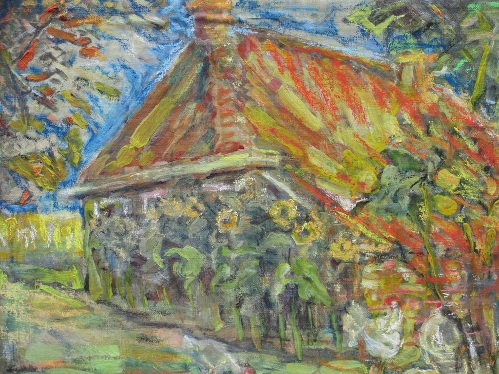 G.J.Lutz, Boerderij met zonnebloemen en kippen, Marouflé kopen? Bied vanaf 1!