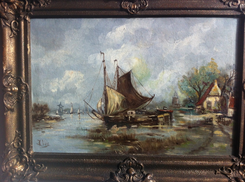 Plassenschap met dorpje en boten van Hubertus Josephus Vos (1855-1935), olieverf kopen? Bied vanaf 1000!